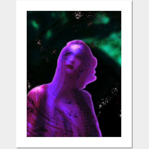 Portrait, digital collage and special processing. Beautiful woman, like painted. Violet and green, glowing. Stars. Wall Art by 234TeeUser234